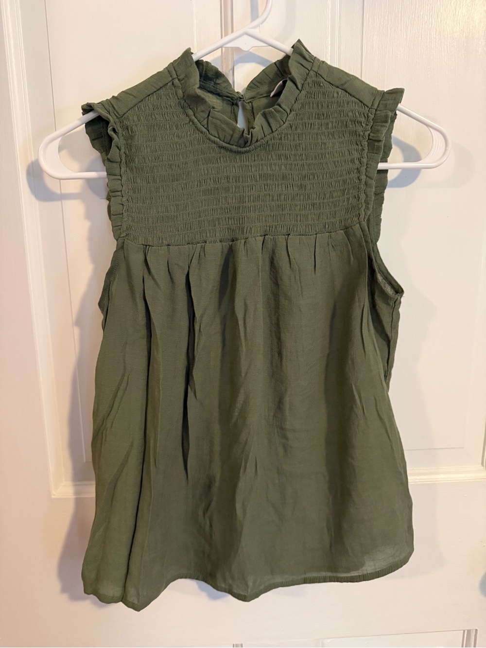 Nanette Lepore Olive Green Smocked Ruffle Neck Sleeveless Top